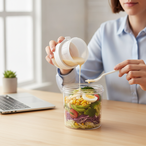 Vaso ensalada hermetico abierto con aderezo fresco en escritorio oficina chilena