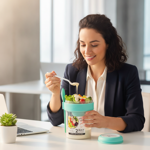 Persona abriendo vaso ensalada portatil en oficina vertiendo aderezo sobre ensalada