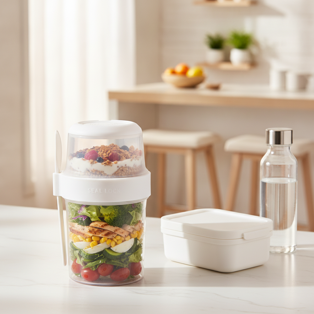 Recipiente portatil ensalada transparente con tenedor en cocina hogar chileno