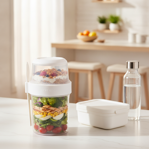 Recipiente portatil ensalada transparente con tenedor en cocina hogar chileno