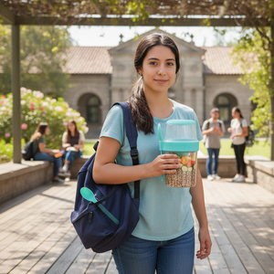 Estudiante chileno llevando vaso ensalada portatil sellado sin derrames campus