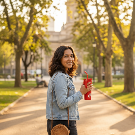 Mujer chilena con vaso térmico Coca-Cola Germ 1100ml parque santiaguino