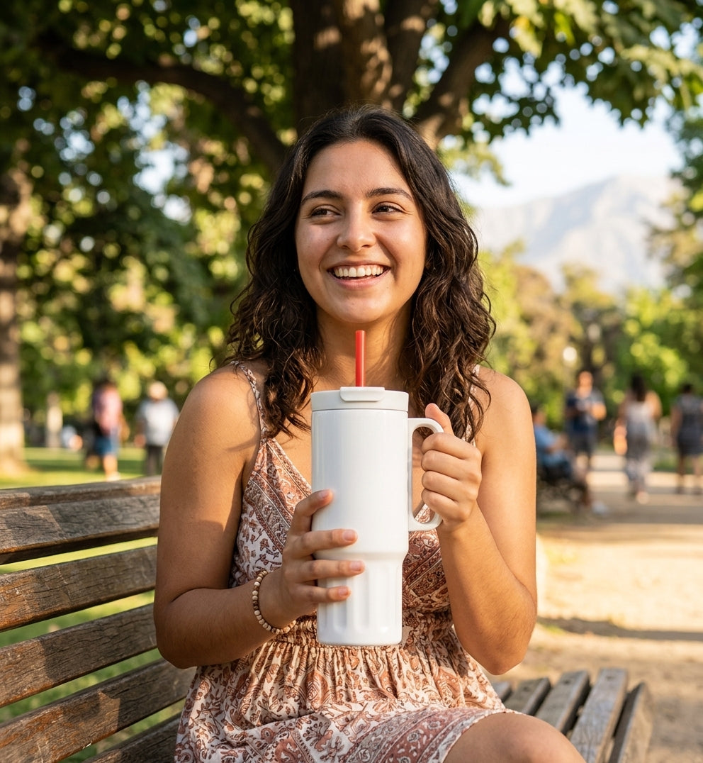Mujer usando vaso tumbler Coca-Cola GERM con bombilla roja al aire libre