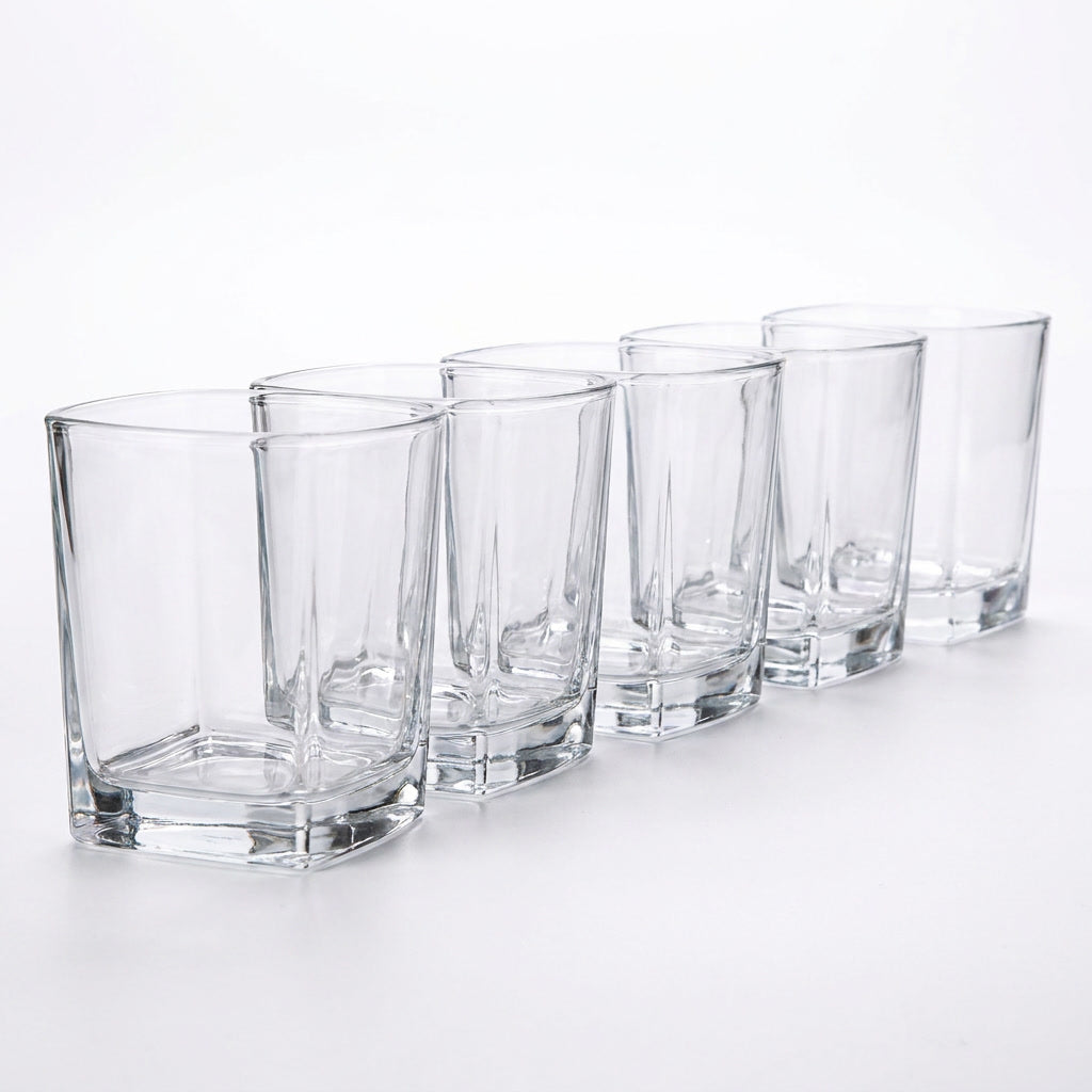Vaso whisky vidrio cuadrado 295mL fondo blanco vista frontal