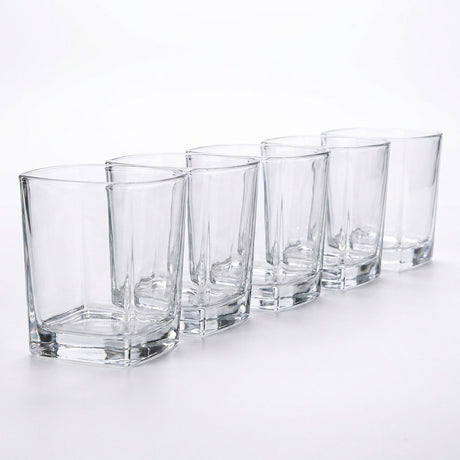 Vaso whisky vidrio cuadrado 295mL fondo blanco vista frontal