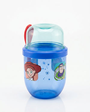 Vaso yogurt Toy Story 5 azul con tapa domo verde vista frontal fondo blanco