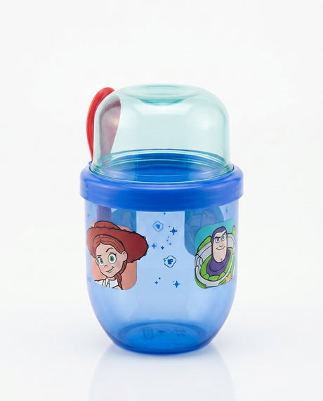 Vaso yogurt Toy Story 5 azul con tapa domo verde vista frontal fondo blanco