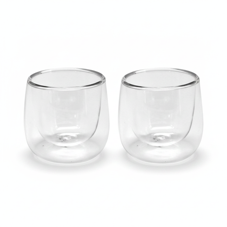 Set 2 vasos espresso doble pared vidrio Glasso 90ml vista frontal fondo blanco