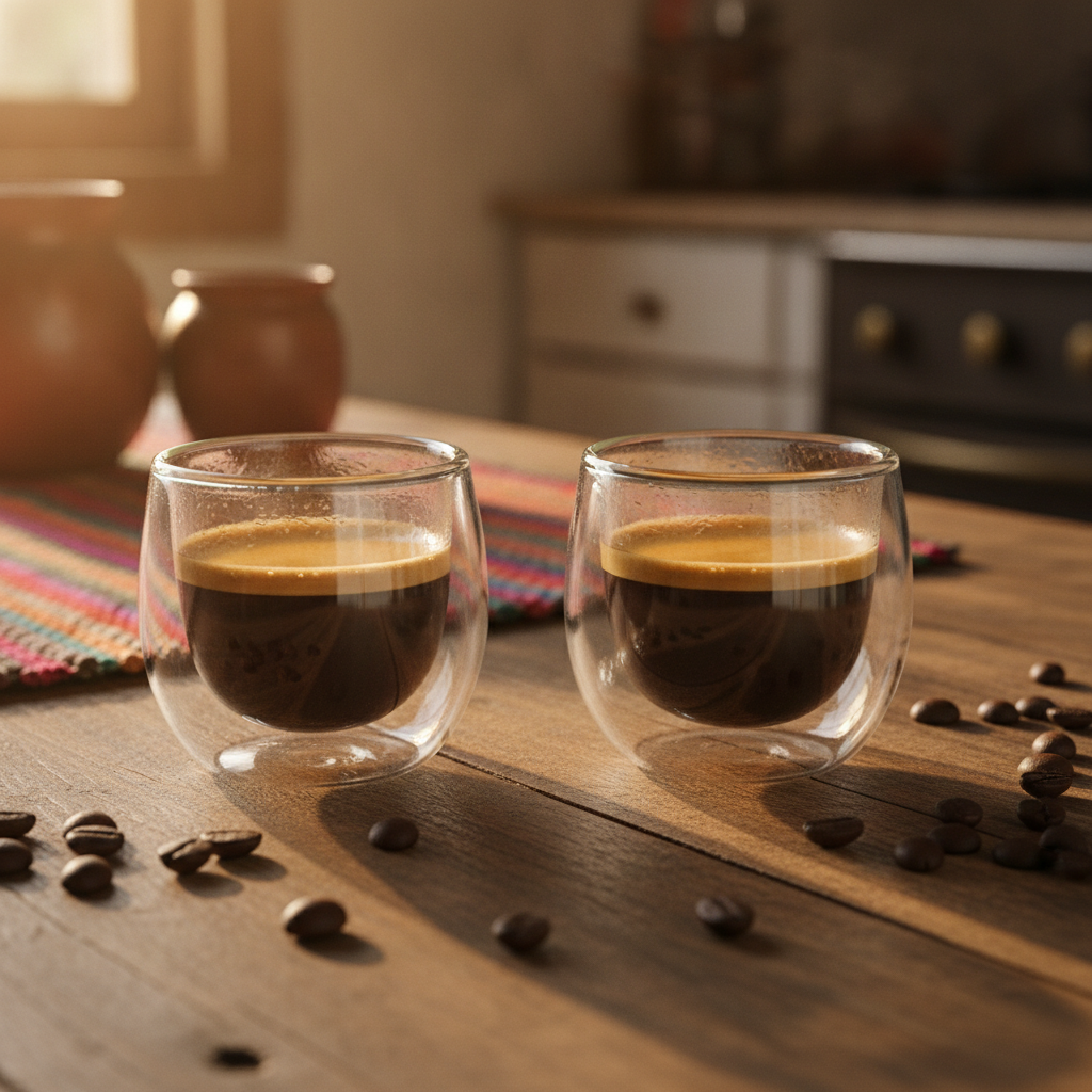 Copa vidrio espresso doble pared sobre mesón mármol apartamento moderno Chile