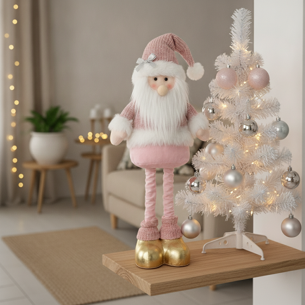 Mono navideño pascuero rosado patas largas en living con árbol blanco