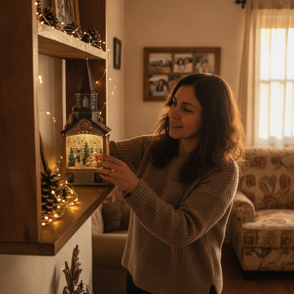 Mujer chilena decorando hogar navidad con villa torre iglesia luz LED