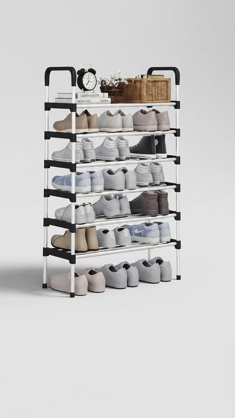 Zapatero organizador 7 niveles metal ABS blanco negro vista frontal