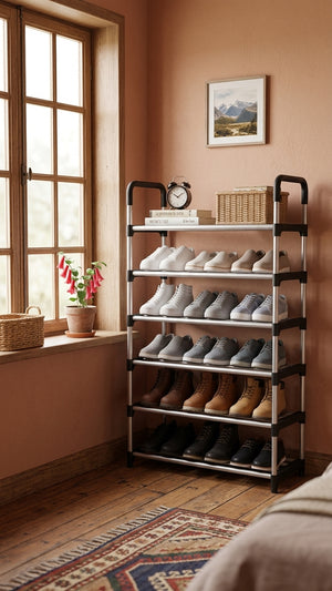 Mujer organizando zapatos en zapatero metalico 7 niveles pasillo